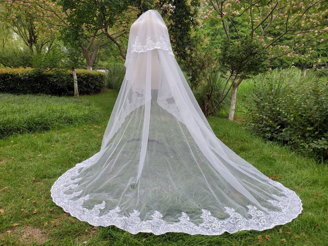 Luxury 2T Cathedral Wedding Bridal Veil White Ivory Lace Sequins