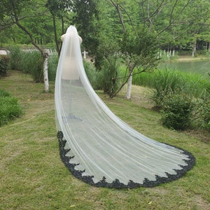 May include: A long white bridal veil with a black lace trim. The veil is flowing in the wind and is set against a backdrop of green grass and trees.