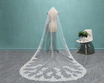 Cathedral Wedding Lace Applique Veil,White Ivory One Layer Lace Bridal Veil, Wedding Accessories