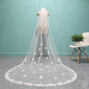Wedding Lace Applique Veil, 2 Layer White Ivory Bridal Blush Veil, Cathedral Length Wedding Veil, Floral Lace Veils
