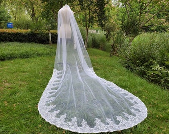 Wedding blingbling lace veil ivory sequins lace trim veil bridal lace veil, long bridal veil, white veil and comb 157 inch +++