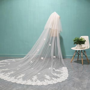Cathedral Lace Applique Veil, Beautiful Bride Lace Face Covering Veil, White Ivory Lace Tulle Veil, Wedding Double Layer Blusher Veils