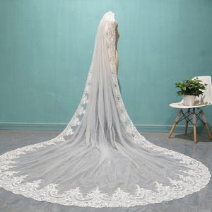 Voile de mariée élégant en dentelle, voile de mariée en dentelle de longueur cathédrale, voile de mariée en dentelle blanche/tulle ivoire