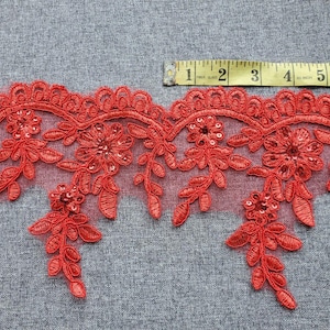 Borda de renda vermelha brilhante, atacado de renda bordada, aplique em renda, véu de casamento, chapéu, casacos