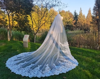 Puede incluir: Un velo de novia blanco largo con un delicado borde de encaje. El velo está drapeado sobre un maniquí y se muestra en un entorno exterior de césped.