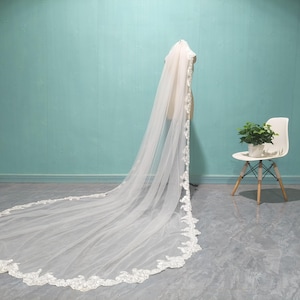 Lace Edged Bridal Veil, Cathedral Lace Wedding Veil, White One Tier Tulle Veils, Ivory Lace Wedding Dress Veil
