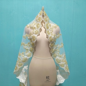 Wedding Veil, Single Layer Lace Mantilla Veil, Cathedral Gold Lace Trimmed Bridal Veil, White and Ivory Tulle Veils