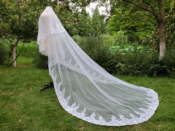 Luxury 2T Cathedral Wedding Bridal Veil White Ivory Lace Sequins