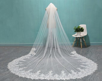 May include: A long, white bridal veil with a delicate lace trim. The veil is made of soft tulle and has a cathedral length.