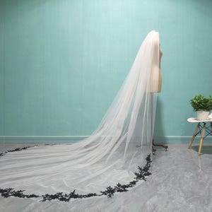 Black Lace Applique Veil, Cathedral Wedding Lace Decorative Veil, White Ivory Tulle Veil, Long One Layer Lace Veil, Comb
