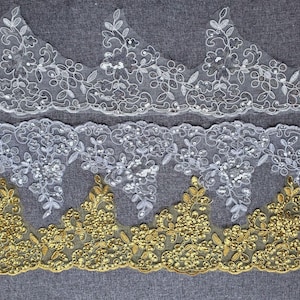 Schöne Pailletten Spitze weiß,ivory，gold,bling, geeignet für Hüte, Brautschleier Breite ca 7 cm