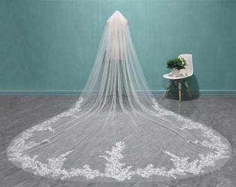 Romantic Wedding Lace Applique Veil,Cathedral One Layer White Ivory Lace Bridal Veil