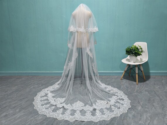 Two-layer Wedding Veil With Sequin Lace Appliques Two-layer Wedding Veil With Sequin Lace Appliques