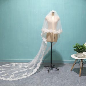 Cathedral Flower Lace Bridal Veil Romantic Wedding 2 Layer Lace Applique Veil White Lace Appliques Veil Ivory Tulle Veil