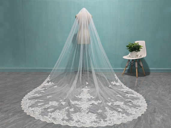 White Ivory Sequin Lace Applique Veil, Luxury Cathedral  display picture 2