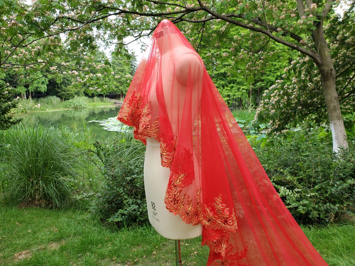 Red Sequins lace veil /Bridal Wedding Veil /Gold Lace Trim Etsy