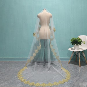 Fashion Wedding Gold Lace Veil, Beautiful Bride Lace Veil, Cathedral One Tier Combless Lace Veil, Wedding Accessories