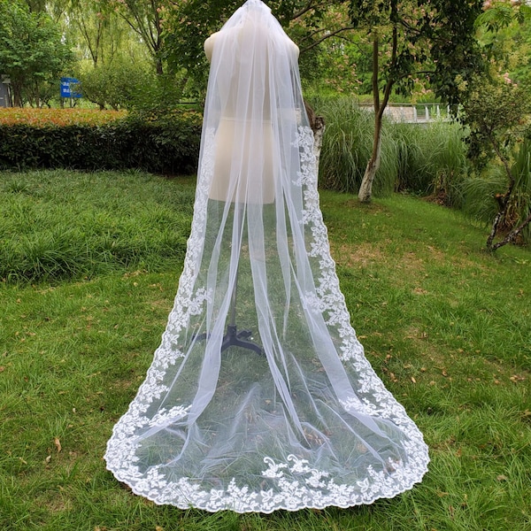 ONE TIER wedding lace veil  ivory lace trim veil  lace applique cathedral veil, long bridal veil, white veil  & vomb