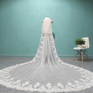 Gorgeous Cathedral Lace Bridal Veil, Double Layered White Lace Applique Veil, Romantic Wedding Ivory Lace Veil