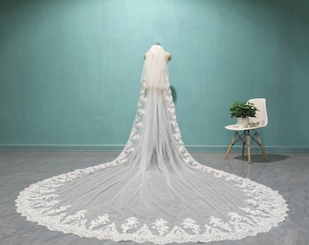 Gorgeous Cathedral Lace Bridal Veil, Double Layered White Lace Applique Veil, Romantic Wedding Ivory Lace Veil