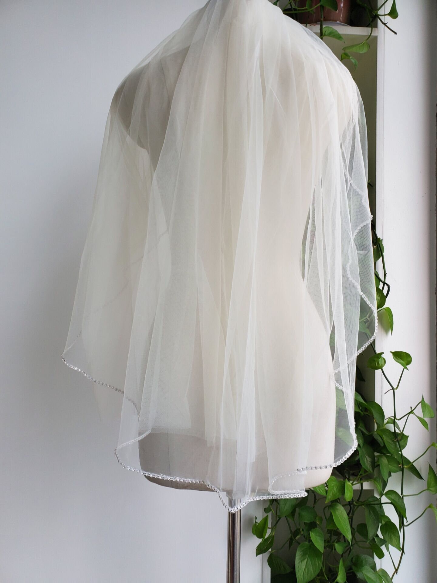 Velo Da Sposa Con Bordo Ondulato E Perline, Velo Da Sposa Con - Foto 8