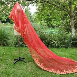 Red Sequins lace veil /Bridal Wedding Veil  /Gold Lace Trim Veil  mantilla veil China Style Wedding Head Coverings