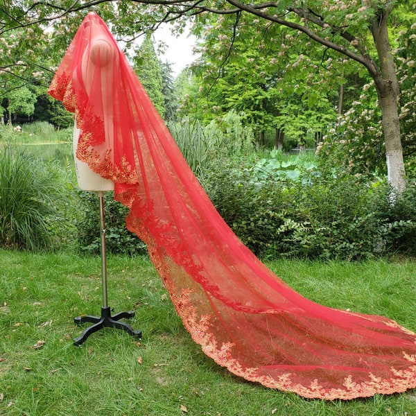 Red Sequins lace veil /Bridal Wedding Veil  /Gold Lace Trim Veil  mantilla veil China Style Wedding Head Coverings