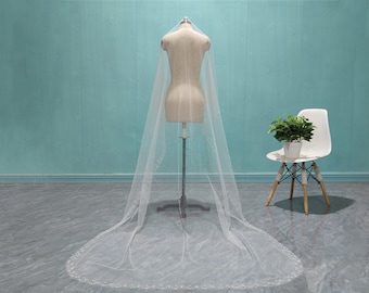 Velo romántico de tul con cuentas de perlas para boda, velo de novia de moda con cuentas de tul, velo de novia de longitud catedral, velo de tul suave de una capa.