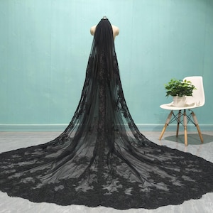 Romantic Wedding Black Lace Applique Veil, Luxurious Cathedral One Tier Floral Lace Veil, White Ivory Lace Applique Bridal Veils