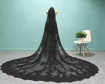 Velo de novia romántico con apliques de encaje negro, lujoso velo catedral de una sola capa con encaje floral, velos de novia con apliques de encaje blanco marfil.
