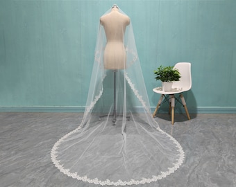 Fashion Bride Beaded Sequin Lace Veil, Romantic Wedding Lace Veil, Cathedral Length Lace Veil, One Layer Combless Lace Veil