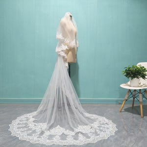 Double Layered Sequined Lace Wedding Veil,Cathedral/Church Length Ivory Lace Veil Elegant Bride White Shiny Lace Veil