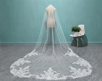 Cathedral Wedding Lace Applique Veil, One Layer Soft Tulle Veil, Elegant Bride Lace Veil, White Ivory LaceApplique  Veil