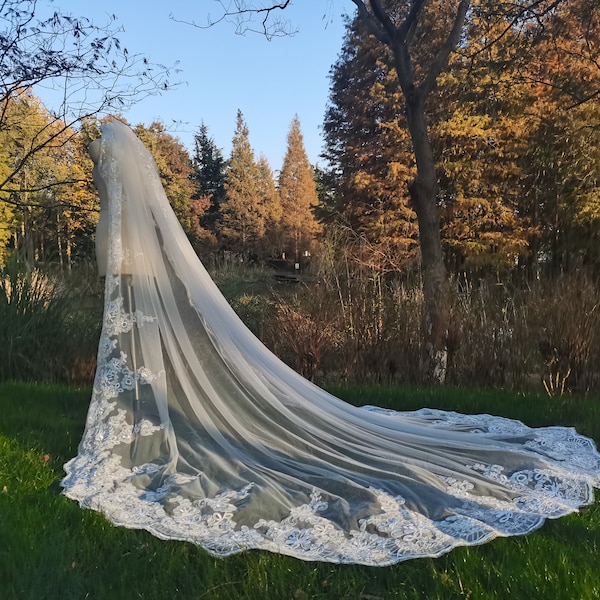 Kathedrale Hochzeit Schleier Elfenbein Spitze Schleier Braut Spitze Applikation lange Brautschleier Weiß Vail & Kamm