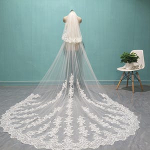 Ivory Lace Wedding Veil, Lace Applique Bridal Veil, White Lace Veil, Two Layer Lace Veil, Cathedral Wedding Lace Appliques Veils