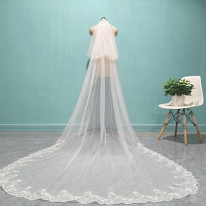 Sequin Lace Bridal Veil, Two Layers White Ivory Lace Wedding Veil, Cathedral Lace Bride Blusher Veil
