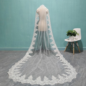 White Ivory Sequin Lace Veil, Elegant Bride Sequin Lace Veil, Cathedral Wedding One Layer Sequin Lace Veil