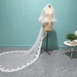 VEIL, Cathedral 2 Layer Lace Bridal Veil, Romantic Wedding White Ivory Lace Veil, Comb，118 inch Wedding Veil