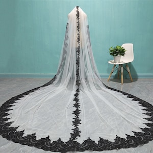 Vintage Wedding Black Lace Applique Veil, Fashion Bride One Layer Lace Applique Veil, Cathedral White Ivory Lace Applique Veil