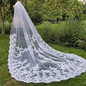 Royal wedding veil / ivory lace veil /lace applique cathedral veils, long bridal veil, white vail & vomb