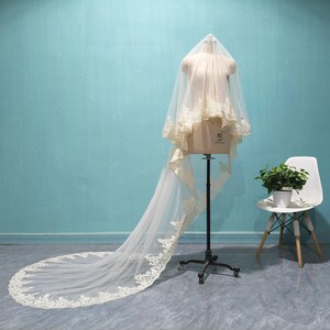 May include: A bridal veil on a mannequin. The veil is ivory with delicate lace trim along the edges. The long train extends across the floor. The mannequin is on a black stand, and a white chair with a plant sits nearby.