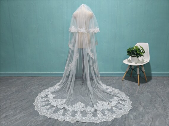 Two-layer Wedding Veil With Sequin Lace Appliques Two-layer Wedding Veil With Sequin Lace Appliques