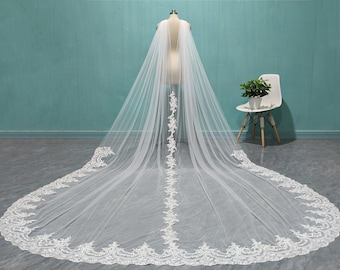 White Ivory Cathedral Wedding Lace Applique Shawl Veil, Elegant Bride Lace Cape Veil