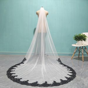 Black Lace Bridal Veil, Cathedral Wedding Lace Veil, Single Layer Ivory Veil, White Tulle Veil