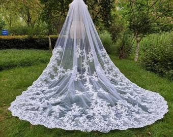 Luxury wedding veils / ivory lace veil /lace applique cathedral veils, long bridal veil, white vail &vomb