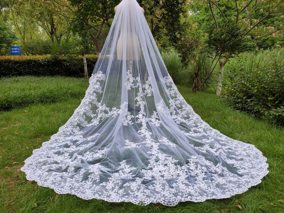 Beautiful Ivory Tulle Cathedral Wedding Veil With Lace Applique Edge Beautiful Ivory Tulle Cathedral Wedding Veil With Lace Applique Edge