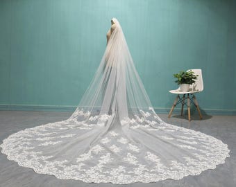 Vintage Wedding Lace Applique Veil, Gorgeous Cathedral Lace Applique Bridal Veil, Ivory Tulle Veil with Lace, 1 Layer White Lace Veil