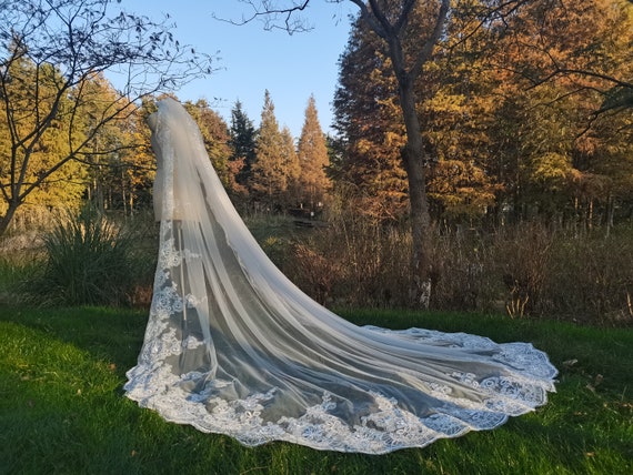 Luxury Wedding Veils / Ivory Lace Veil /lace Applique Cathedral Veils, Long Bridal  Veil, White Vail &vomb 