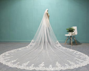 1 Layer Sequined Lace Veil, Vintage Cathedral White Lace Bridal Veils, Ivory Long Sequined Lace Wedding Veil