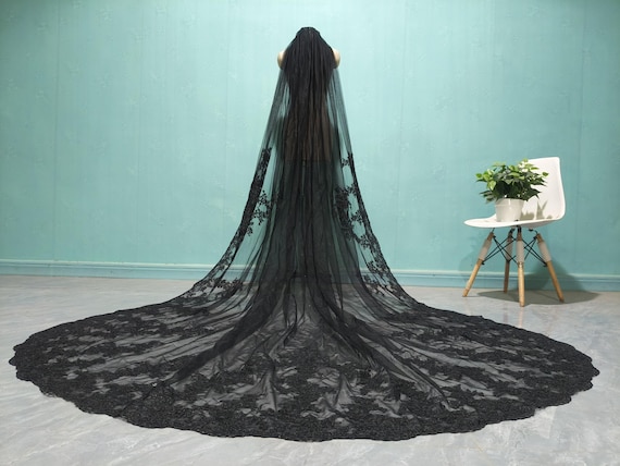 Cathedral Wedding Black Lace Veil Fashionable Single Layer Lace Applique Bridal Veil White Lace/Ivory Tulle Wedding Veil